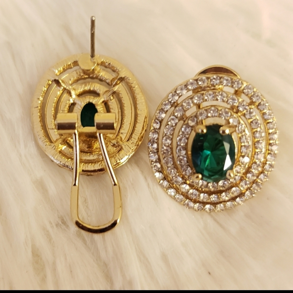 Round Emerald Green and White CZ Earrings - Picture 4 of 6